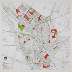 217133 Plattegrond van de stad Utrecht, met daarop in kleur aangegeven de gebieden waar honden onaangelijnd, mits onder ...